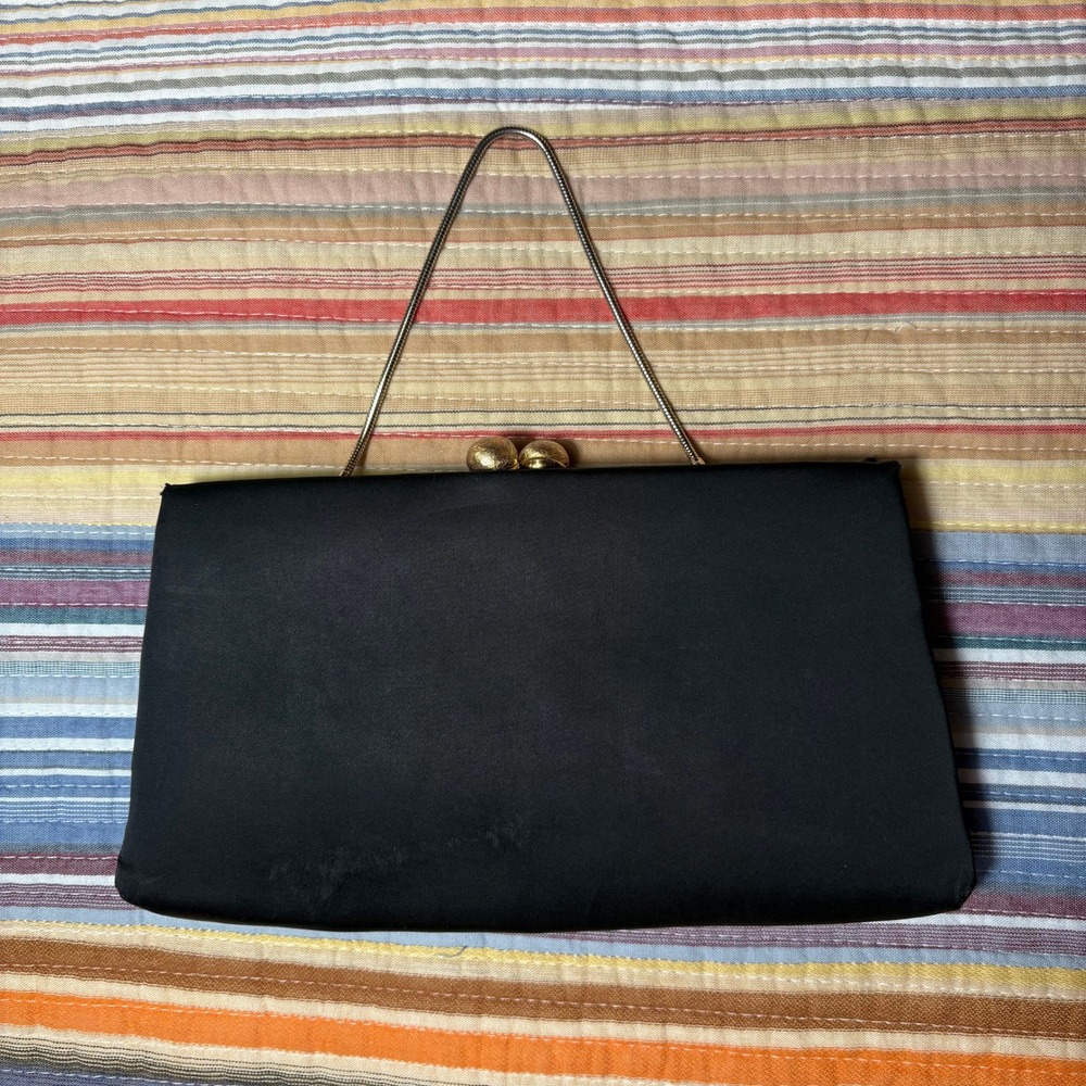Vtg Black Satin Evening Clutch Gold Orb Kiss Lock Snake Chain Strap Bag & Pouch